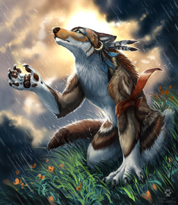 5_fingers anthro blue_eyes brown_body brown_fur claws cloud day detailed_background detailed_fur digitigrade ear_piercing ear_ring finger_claws fingers fur grass grey_body grey_fur kneeling male nude outside piercing plant raining ring_piercing sky snout solo white_body white_fur flashw nargilflamewolf canid canine canis mammal wolf 2022 detailed digital_media_(artwork) digital_painting_(artwork) painting_(artwork)