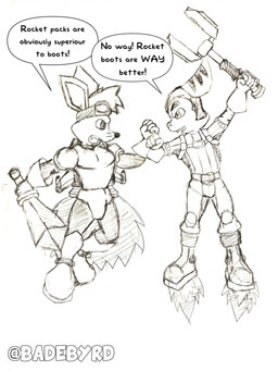 anthro boots clothing duo flying footwear holding_object holding_weapon jet_pack male melee_weapon omniwrench rocket_boots shoes speech_bubble sword text weapon badebyrd konami ratchet_and_clank rocket_knight_adventures sony_corporation sony_interactive_entertainment ratchet_(ratchet_and_clank) sparkster american_opossum lombax mammal marsupial english_text hi_res monochrome sketch