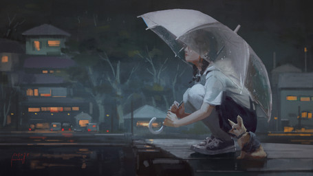 ambiguous_gender clothed clothed_feral clothing collar duo eyewear female feral footwear glasses larger_human quadruped raining realistic reflective_floor shoes size_difference slice_of_life smaller_feral umbrella fuenzesunny canid canine fennec_fox fox human mammal true_fox 2020 hi_res signature