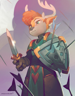 anthro antlers armor arrow_(weapon) black_nose clothed clothing cloud fur hair holding_object horn male melee_weapon ranged_weapon shield solo sword weapon stealthnachos deer mammal 2019 digital_media_(artwork)