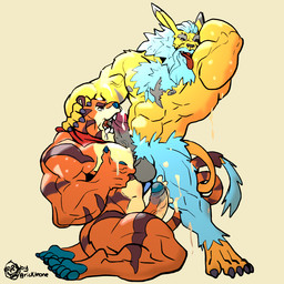 armpit_fetish armpit_lick armpit_play balls barazoku biceps big_penis blue_pawpads bodily_fluids cum cum_on_face digimon_oc entwined_tails erection forearm_muscles genital_fluids genitals glans kerchief kneeling licking male mascot muscular nude oral orange_body pawpads pecjob pecs penis sex simple_background stripes tail tail_coil tan_background tongue rickleone bandai_namco digimon frosted_flakes kellogg's tony_the_tiger digimon_(species) felid leomon lion mammal pantherine tiger