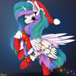 christmas_clothing christmas_headwear christmas_lights clothing costume female feral hat headgear headwear holidays horn looking_down pink_eyes santa_costume santa_hat solo wings ser-p christmas friendship_is_magic hasbro my_little_pony mythology princess_celestia_(mlp) equid equine mammal mythological_creature mythological_equine winged_unicorn absurd_res hi_res