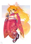 alcohol anthro asian_clothing beverage beverage_can braided_hair can clothing container cute_fangs east_asian_clothing facial_markings fangs female female_anthro footwear fur green_eyes hair head_markings japanese_clothing kemono kimono looking_at_viewer markings orange_body orange_fur orange_hair sandals shoes smile solo teeth aruurara strong_zero mizuki_(aruurara) canid canine fox mammal hi_res