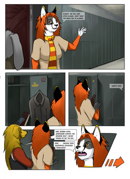 5_fingers anthro black_clothing black_nose black_shirt black_topwear blonde_hair book border breasts brown_body brown_fur classroom clothed clothing dialogue door duo female fingers fur grey_body grey_fur hair inside locker multicolored_body multicolored_fur multicolored_scarf open_mouth orange_body orange_fur orange_hair orange_scarf pattern_clothing pattern_scarf scarf school shirt speech_bubble striped_clothing striped_scarf stripes t-shirt tan_clothing tan_shirt tan_t-shirt tan_topwear teeth text topwear two_tone_body two_tone_fur two_tone_scarf white_body white_border white_fur yellow_body yellow_eyes yellow_fur yellow_scarf conditional_dnp royz domestic_cat felid feline felis lynx mammal comic digital_media_(artwork) english_text