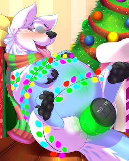 4_toes ahegao bdsm black_nose blue_body blue_fur bodily_fluids bondage bound christmas_decorations christmas_lights christmas_tree feet female feral fur genital_fluids holidays inflation looking_pleasured multi_nipple nipples open_mouth pawpads plant red_eyes scarf sex_toy solo spread_legs spreading string_light_bondage string_lights submissive submissive_female toes tongue tongue_out tree vaginal_fluids vibrator white_body white_fur camychan christmas holly_(heliofox) canid canine mammal hi_res