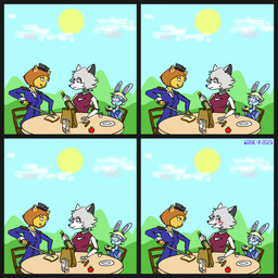anthro apple blue_body blue_fur blush bottle bread breasts cleavage cleavage_cutout clothed clothing cloud container cutout day female food fruit fur furniture grass grey_hair group hair hill holding_melee_weapon holding_object holding_sword holding_weapon looking_at_another machine melee_weapon military_uniform outside plant sandwich_(food) simple_background sitting sleeveless_clothing smile sun sword table uniform weapon wine_bottle yellow_body yellow_fur 10ne-v alexa_(10ne-v) canid canine felid fox lagomorph leporid lion living_machine mammal pantherine rabbit robot 1:1 comic digital_media_(artwork) flat_colors hi_res