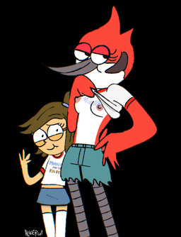 anthro body_writing breasts duo female flashing flashing_breasts gesture hand_on_hip humanoid_face nipples smug waving alwerart cartoon_network regular_show eileen_roberts margaret_smith_(regular_show) avian bird cardinal_(bird) eulipotyphlan mammal mole_(animal) oscine passerine hi_res