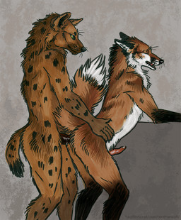 anal anal_penetration anthro anthro_on_anthro anthro_penetrated anthro_penetrating anthro_penetrating_anthro black_nose brown_body brown_fur duo eyes_closed fur gloves_(marking) green_eyes leg_markings male male/male male_penetrated male_penetrating male_penetrating_male markings nude open_mouth penetration penile penile_penetration penis_in_ass sex side_view simple_background socks_(marking) spotted_arms spotted_legs standing standing_sex white_body white_fur heatherwolf canid canine fox hyena mammal