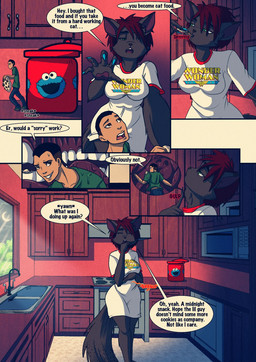 ambiguous_gender anthro black_body black_fur clothed clothed_anthro clothed_female clothed_human clothing container cookie cookie_jar duo extreme_size_difference female food food_theft fur green_eyes hair hand_on_throat human_prey inside jar kitchen micro onomatopoeia open_mouth oral_vore red_hair rumbling_stomach size_difference smaller_human sneaking soft_vore sound_effects speech_bubble tail text vore yawn random-bard pbs sesame_street wonder_woman_(series) cookie_monster steph_(random-bard) domestic_cat felid feline felis human mammal 2016 comic digital_drawing_(artwork) digital_media_(artwork) english_text hi_res