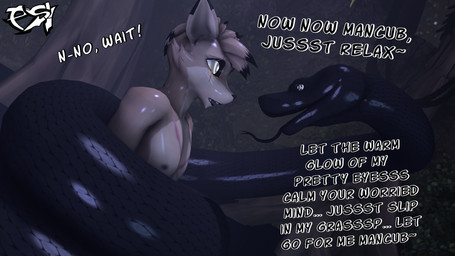 ambiguous_gender anthro black_body black_highlights black_scales brown_body brown_fur brown_hair chest_scar coiling dialogue duo eye_contact eye_scar facial_scar feral fur hair highlights_(coloring) hypnosis hypnotic_eyes looking_at_another male mind_control multicolored_hair nipples nude_anthro nude_male open_mouth restrained ringed_eyes scales scar simple_background submissive submissive_male text two_tone_hair psikokinetic warfaremachine_(modeler) psiko_(psikokinetic) canid canine canis jackal mammal reptile scalie snake 16:9 2024 3d_(artwork) 4k absurd_res digital_media_(artwork) english_text hi_res source_filmmaker_(artwork) widescreen
