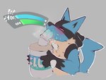 ambiguous_gender anthro black_body black_claws black_fur black_nose blue_body blue_fur blue_slime blush blush_face blush_lines claws drinking_straw_of_fail fur gameplay_mechanics grey_background holding_object liquid looking_aside looking_pleasured male number outline purple_eyes simple_background slurp slurping solo spikes spikes_(anatomy) steam steam_breath sucking suggestive tongue white_body white_fur white_outline white_sclera akeshitanaki epic_games fortnite nintendo pokemon generation_4_pokemon lucario pokemon_(species) colored half-length_portrait portrait