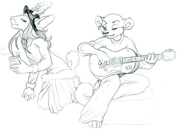 acoustic_guitar anthro antlers beverage bottomwear clothed clothing coat coffee duo ear_piercing female furgonomic_piercing furgonomics glamfur guitar hat headgear headwear horn horn_piercing male music musical_instrument pants piercing playing_guitar playing_music plucked_string_instrument simple_background sitting skirt standing string_instrument topwear walking white_background zeriara dirtcake fitzgerald deer felid mammal pantherine black_and_white monochrome