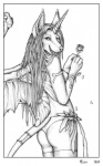 anthro butt clothed clothing female flower hair horn long_hair looking_back membrane_(anatomy) membranous_wings plant rose_(flower) smile solo tail topless wings simul asha_hira mammal ukimori 2009 monochrome traditional_media_(artwork)