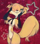 anthro blue_eyes colored_sclera eyelashes female fluffy fluffy_chest fluffy_tail fur hair hair_over_eye hand_in_hair hand_on_cheek head_tuft lips markings mole_(marking) neckwear neckwear_only one_eye_obstructed pink_background simple_background smile snaggle_tooth solo tail thick_bottom_lip touching_hair tuft lanolin04 shinbone_alley mehitabel domestic_cat felid feline felis mammal hi_res