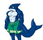 abs anthro biceps big_muscles blue_body blue_skin bottomwear clothed clothing fin male muscular muscular_anthro muscular_male pecs shorts simple_background solo swimming_trunks swimwear teal_bottomwear teal_clothing topless triceps white_background white_body white_skin yellow_eyes kuroma fish marine shark