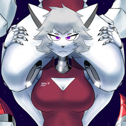 anthro breasts cleavage cleavage_cutout clothed clothing cutout dress female grey_hair hair looking_at_viewer machine purple_eyes smile solo tessellation thick_thighs white_body 10ne-v alexa_(10ne-v) canid canine fox living_machine mammal robot absurd_res hi_res