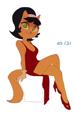 accessory anthro black_hair clothing crossed_legs dress female footwear fur gloves green_eyes hair hair_accessory hairband handwear high_heels lipstick makeup red_clothing red_dress red_footwear red_high_heels shoes sitting solo tan_body tan_fur dbaru nickelodeon t.u.f.f._puppy kitty_katswell domestic_cat felid feline felis mammal 2026 hi_res