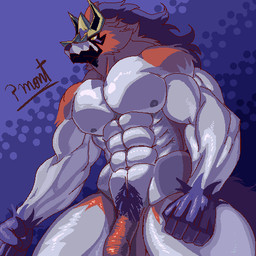 abs anthro anthrofied armor balls barazoku big_muscles biped black_body black_fur blue_body blue_fur blue_nose blue_tail fur genitals grey_body grey_fur hair headgear helmet huge_muscles long_hair male muscular muscular_anthro muscular_male nipples nude pecs penis perspective pokemorph protective pubes red_body red_fur solo tail yellow_eyes pinumontbalou nintendo pokemon canid canine canis generation_8_pokemon legendary_pokemon mammal pokemon_(species) wolf zamazenta 1:1 digital_media_(artwork) low_res pixel_(artwork)