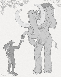 4_toes 5_fingers anthro apple digitigrade duo featureless_crotch feet fingers food fruit male male_anthro nude nude_anthro nude_male plant pose scut_tail short_tail size_difference standing tail text three-quarter_view toes tusks alsares elephantid hare lagomorph leporid mammal mammoth prehistoric_species proboscidean 2021 artist_name greyscale handwritten_text hi_res monochrome