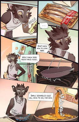 anthro appliance beverage_carton biped brown_eyes butter carton closing_door clothed clothed_anthro clothing cooking cookware dairy_products door egg_(food) fire fish_meat food fridge frying_pan fur grey_body grey_fur head_tuft inner_monologue kitchen kitchen_appliance kitchen_stove kitchen_utensils male meat packaged_meat pointy_ears pouring_liquid prick_ears snout solo stove text text_box thinking tools tuft tusks yellow_sclera falco_works pen_(falco_works) cervine deer mammal tufted_deer 2026 comic digital_media_(artwork) english_text hi_res