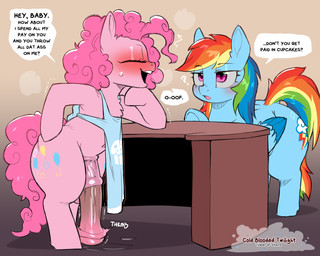 animal_genitalia animal_penis apron apron_only black_text blue_body blue_fur blush blush_lines bodily_fluids clothing cutie_mark desk dialogue duo equine_genitalia equine_penis erection eyelashes eyes_closed female female_feral feral flirting fur furniture genitals glistening glistening_genitalia glistening_penis gynomorph gynomorph_feral hair hand_on_hip hooves intersex intersex_feral logo looking_at_another medial_ring multicolored_hair open_mouth open_smile penis pink_body pink_eyes pink_fur pink_hair pink_penis pink_tail pupils question_mark rainbow_hair semi-anthro smile sound_effects speech_bubble standing steam sweat table tail teeth text throbbing throbbing_penis upper_teeth upper_teeth_only wings cold-blooded-twilight friendship_is_magic hasbro my_little_pony mythology pinkie_pie_(mlp) rainbow_dash_(mlp) equid equine horse mammal mythological_creature mythological_equine pegasus pony 2026 5:4 artist_logo artist_name english_text hi_res