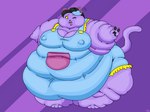 2018 3_toes 4:3 4_fingers anthro bar_emanata barefoot batspid2 belly big_belly big_breasts biped black_eyebrows black_eyes black_hair black_nose black_pawpads blue_clothing blue_hair breasts catty_(undertale) cel_shading cleavage clothed clothing digital_drawing_(artwork) digital_media_(artwork) domestic_cat double_chin ear_piercing emanata eyebrows eyelashes fangs feet felid feline felis female fingers flabby_arms front_view full-length_portrait fur gesture glistening glistening_eyes hair hand_gesture highlights_(coloring) huge_belly huge_thighs hyper hyper_thighs love_handles mammal morbidly_obese morbidly_obese_anthro morbidly_obese_female multicolored_hair navel nipple_outline obese obese_anthro obese_female one_eye_closed overalls overweight overweight_anthro overweight_female pattern_background pawpads piercing pink_tongue pockets portrait purple_background purple_body purple_fur shaded signature simple_background smile solo standing striped_background tail teeth thick_thighs three-quarter_view tight_clothing toes tongue two_tone_hair undertale_(series) v_sign wide_hips yellow_sclera