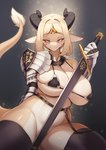 anthro armor big_breasts bikini_armor blonde_hair blue_eyes bottomless bottomless_anthro bottomless_female breasts clothed clothing covering covering_crotch curvy_figure female female_anthro hair horn huge_breasts legwear looking_at_viewer medieval melee_weapon non-mammal_breasts solo stockings sword tail thick_thighs thigh_highs unconvincing_armor voluptuous weapon yellow_body whooo-ya mythology celinia_(cervina7) dragon mythological_creature mythological_scalie scalie 2023 absurd_res hi_res