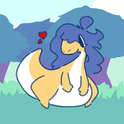 ambiguous_gender belly blue_hair feral forest forest_background grass hair happy heart_symbol hearts_around_head long_neck looking_sideways nature nature_background plant simple_background smile solo standing tree white_belly yellow_body ltoo ltoo_(sona) scalie 1:1 2025 hi_res