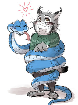 anthro blue_body blue_scales blush clothing duo feral fur grey_body grey_fur heart_symbol hug male scales sweater topwear sei_butsu_bu disney zootopia gary_de'snake pawbert_lynxley felid feline lynx mammal reptile scalie snake hi_res