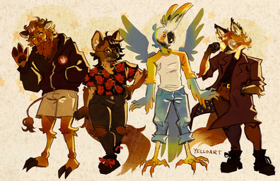 alternate_species ambiguous_gender anthro beak beard belt bottomwear brown_body brown_hair clothed clothing denim denim_bottomwear denim_clothing eyewear facial_hair female footwear fully_clothed fur furrification glasses group hair hoodie jacket jeans male pants pointy_ears shirt shoes shorts simple_background smile snout suit tail tail_tuft topwear tuft yelloartt drawfee_(copyright) real_world jacob_andrews_(character) julia_lepetit_(character) karina_farek_(character) nathan_yaffe_(character) avian bird camel camelid canid canine fox mammal mink mustelid musteline parrot true_musteline digital_media_(artwork) hi_res