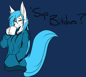 anthro beverage blue_clothing blue_eyes blue_hoodie blue_topwear clothing coffee container cup dialogue female happy holding_object hoodie markings mug one_eye_closed simple_background smile solo text topwear transparent_background snowiefeather thermia_(character) canid canine canis fox hybrid mammal wolf alpha_channel english_text hi_res