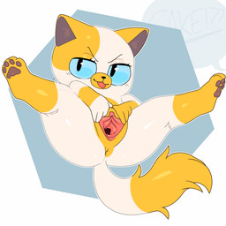 anthro anus blue_eyes dipstick_tail female fur genitals looking_at_viewer markings multicolored_body multicolored_fur pawpads paws simple_background smile solo spread_vulva spreading tail tail_markings vulva white_body young kerotheklutz adventure_time cartoon_network fionna_and_cake_(franchise) cake_the_cat domestic_cat felid feline felis mammal 1:1 digital_media_(artwork) hi_res watermark