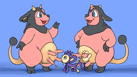 2_horns 3_toes all_fours ambiguous_anthro ambiguous_gender anthro anthro_on_anthro black_body black_ears black_fur black_hooves black_nose black_tail blue_background blue_eyes bodily_fluids cloven_hooves eyelashes featureless_arms feet female female/ambiguous female_anthro fur group half-closed_eyes hands_on_own_hips head_tuft hoof_hands hooves horn interspecies lactating larger_female looking_up milk milk_on_face multicolored_body multicolored_fur narrowed_eyes nude nude_ambiguous nude_anthro nude_female open_mouth open_smile pink_body pink_fur pink_udders purple_body purple_ears purple_fur purple_tail red_tongue semi-anthro short_horn simple_background size_difference small_horn smaller_ambiguous smile snout suggestive tail tail_hand tan_horn tan_inner_ear tan_tail teats toes tongue trio tuft two_tone_body two_tone_fur two_tone_tail udder_lactation udder_nursing udders unusual_anatomy unusual_tail deathheadmoth00 nintendo pokemon aipom bovid bovine generation_2_pokemon mammal miltank pokemon_(species) primate 16:9 2026 hi_res widescreen