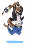 anthro attack batbatbat bottomwear clothed clothing denim denim_bottomwear denim_clothing duo humor jacket jeans jumping male open_mouth pants simple_background size_difference topwear weapon white_background quirky-middle-child dekke ragey bat canid canine canis mammal wolf hi_res