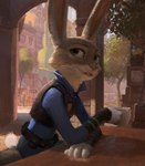 anthro beverage cafe clothing coffee container cup female light morning outside police police_uniform purple_eyes smile solo sunlight uniform lofi disney zootopia judy_hopps lagomorph leporid mammal rabbit 2017