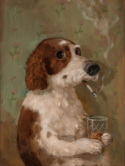 alcohol ambiguous_gender beverage black_nose brown_body brown_eyes brown_fur cigarette container cup drinking_glass eyebrows fur glass glass_container glass_cup holding_container holding_cup holding_drinking_glass holding_object looking_at_viewer multicolored_body multicolored_fur semi-anthro sitting smoke smoking smoking_cigarette solo white_body white_eyebrows white_fur alison_friend canid canine canis domestic_dog mammal 2023 3:4 oil_painting_(artwork) painting_(artwork) traditional_media_(artwork) traditional_painting_(artwork)
