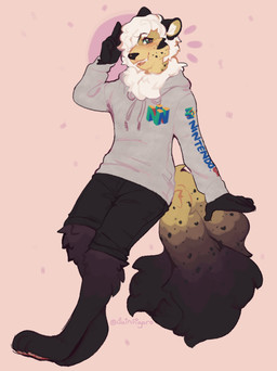2_tails anthro black_bottomwear black_clothing black_ears black_facial_markings black_hands black_legs black_shorts black_spots bottomwear chest_tuft clothing eye_behind_hair facial_markings fluffy fluffy_tail fur gesture gradient_tail green_eyes grey_clothing grey_hoodie grey_topwear hair head_markings holding_object hoodie inner_ear_fluff looking_at_viewer male markings multi_tail open_mouth pawpads paws salute shorts simple_background solo spots standing tail tail_spots tan_body tan_fur teeth topwear tuft two_fingers_up white_hair white_inner_ear_fluff milquetoast_(artist) nintendo nintendo_64 toasterstein felid feline mammal colored hi_res shaded