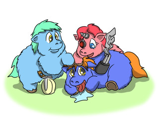 1_horn ambiguous_feral ambiguous_gender amputee blue_body blue_eyes blue_fur cybernetics disability eye_contact eyelashes feral fur green_hair green_tail group hair hooves horn looking_at_another lying machine mouth_closed on_front open_mouth orange_hair orange_tail pink_body pink_fur pink_hair prosthetic prosthetic_limb simple_background smile tail tire tongue tongue_out trio yellow_eyes young young_ambiguous young_feral carpdime fluffy_pony cyborg fluffy_pony_(species) mammal digital_media_(artwork) shaded story story_in_description