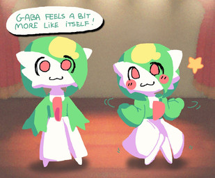 :3 blush blush_lines blush_stickers curtains dancing duo eye_through_hair featureless_feet feet female hair hair_over_eye looking_at_viewer motion_lines stage standing star_polygon text translucent translucent_hair melfunnysmell nintendo pokemon tomodachi_life tomodachi_life:_living_the_dream gaba_(melfunnysmell) gardevoir generation_3_pokemon humanoid pokemon_(species) 2026 digital_media_(artwork) english_text
