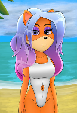 anthro beach big_breasts breasts clothing eyeshadow female makeup navel one-piece_swimsuit solo swimwear defaultuser12 activision crash_bandicoot_(series) fan_character bandicoot mammal marsupial hi_res
