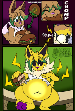 belly belly_expansion burger evolution evolutionary_stone expansion food thunder_stone transformation transformation_sequence ifra nintendo pokemon ifra_strawberii eevee eeveelution generation_1_pokemon jolteon pokemon_(species) absurd_res hi_res