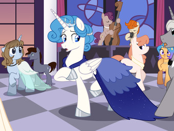 background_ponies ball ball_gown blue_eyes blue_mane brown_mane crown curly_hair curtains dusk feathered_wings feathers female floor furgonomics grey_body hair headgear hoofwear horn jewelry male mane multicolored_hair music musician necklace orange_body pulling_off_clothes purple_mane regalia shocked singer stained_glass stare sunset tiara tile tile_floor unicorn_horn white_body wings nika-rain hasbro my_little_pony mythology princess_zephyr_(captain_tyler) zephyr_de_luca_(captain_tyler) equid equine horse mammal mythological_creature mythological_equine pony unicorn winged_unicorn 4:3 absurd_res hi_res