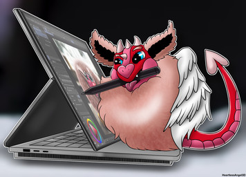 blue_eyes computer daww electronics feathered_wings feathers female feral fluffy_ears heart_nose heart_symbol laptop pink_body pink_scales raised_tail red_body red_scales scales solo stylus tail wings heartlessangel3d mythology adelina_the_love_dragon dragon mythological_creature mythological_scalie scalie hi_res