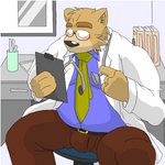 anthro belly black_nose blush bottomwear brown_body brown_fur bulge clothing detailed_background doctor eyewear fur glasses kemono male medical_instrument overweight overweight_anthro overweight_male pants scientific_instrument shirt sitting solo topwear oogamikennta canid canine canis domestic_dog mammal 1:1 2007 digital_media_(artwork) low_res oekaki