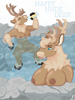 anthro big_breasts breast_squish breasts duo female genitals holidays hot_spring nude nude_anthro nude_female squish vulva water venial new_year deer mammal new_world_deer reindeer 3:4 digital_media_(artwork) pixel_(artwork)