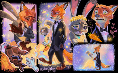 anthro black_clothing black_suit carrot claws clothing cuffs_(clothing) dress duo female food fur green_eyes grey_body grey_fur hand_holding hug larger_male male orange_body orange_fur pawpads paws plant pointy_ears purple_eyes rabbit_ears romantic size_difference smaller_female suit toe_claws vegetable yellow_clothing yellow_dress lefrenchunicorn disney zootopia judy_hopps nick_wilde canid canine european_rabbit fox lagomorph leporid mammal oryctolagus rabbit red_fox true_fox 16:10 hi_res widescreen