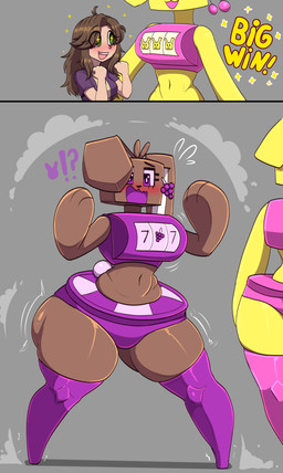 anthro biped brown_body brown_fur brown_hair duo female fur green_eyes grey_background hair interrobang light_body light_skin purple_eyes simple_background slot_machine species_transformation text transformation yellow_body flybeeth human lagomorph leporid mammal rabbit absurd_res hi_res