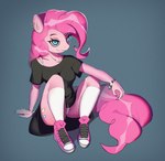 anthro anthrofied big_eyes bra_strap bracelet clothed clothing female fluffy fluffy_tail footwear hair jewelry legwear long_hair oversized_clothing oversized_shirt oversized_topwear panties piercing raised_leg shirt shoes sitting smile sneakers socks solo tail thigh_highs topwear underwear upskirt white_clothing white_panties white_underwear mechtal friendship_is_magic hasbro my_little_pony pinkie_pie_(mlp) equid equine horse mammal pony absurd_res hi_res huge_filesize