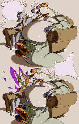 anthro belly big_belly duo furniture male overweight simple_background sitting sofa 80sarchosaur canid canine canis mammal wolf 2023 hi_res