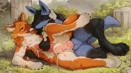 animal_genitalia animal_penis anthro anthro_on_anthro balls black_body black_fur blue_body blue_fur bodily_fluids canine_genitalia canine_penis cum cum_drip cum_in_ass cum_inside cum_on_penis dripping duo erection eye_contact fur genital_fluids genitals grass handjob knot knotted_penis looking_at_another lying male male/male male_anthro on_grass on_ground on_side orange_body orange_fur penile penis plant pull_out reach_around red_eyes sex smile tail kilver nintendo pokemon xofaton canid canine generation_4_pokemon lucario mammal pokemon_(species) hi_res